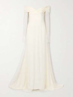 DANIELLE FRANKEL Eloise off-the-shoulder layered tulle and cady gown | NET-A-PORTER Elegant Off-shoulder Tulle Gown, Elegant Off-shoulder Wedding Dress, Luxury Off-shoulder Wedding Evening Dress, Elegant Off-shoulder Wedding Dress For Formal Occasions, Off-shoulder Evening Dress With Detachable Train For Wedding, Off-shoulder Wedding Dress With Detachable Train, Off-shoulder Tulle Wedding Gown, Danielle Frankel, Porter Bag