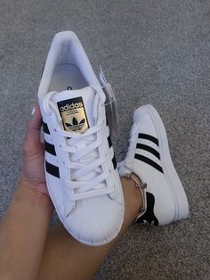 Adidas Superstar White/Black White Superstars, Adidas Superstar Outfit, Superstar Outfit, Shoes Wishlist, Adidas Superstar Black, Black Superstar, Adidas Superstars, Bling Crafts, White Dress Shoes