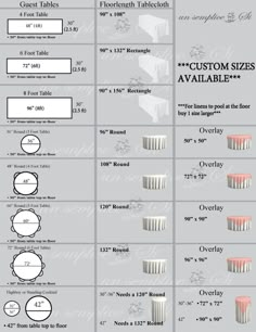 the different sizes and types of tablecloths are shown in this graphic diagram, which shows