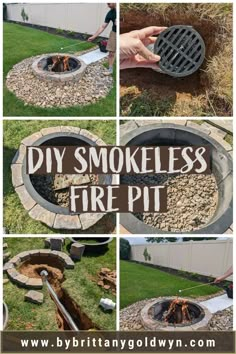 an outdoor fire pit made out of rocks and gravel with the words diy smokeless fire pit