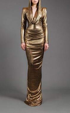 Jean Louis Sabaji 600740 Gold Egyptian Inspired Fashion, Jean Louis Sabaji, Gold Long Sleeve Dress, Gold Drapes, Metal Dress, Drape Gowns, Loose Hoodie, Hooded Dress, Liquid Gold