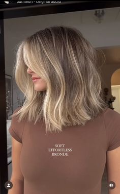 Long Brown Hair To Short Blonde Hair, Subtle Balyage Short Hair, Blonde With Dimension Balayage, Highlight With Curtain Bangs, Long Bob Hairstyles Blonde Balayage, Long Bob Hairstyles With Highlights, Medium Length Brown And Blonde Hair, Brown Highlights On Blonde Hair Short, Loved In Balayage