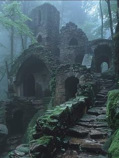 an old stone building in the woods with moss growing on it's walls and steps