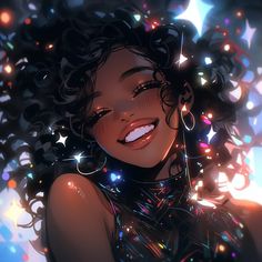 a woman with stars around her neck and black hair, smiling at the camera while she is surrounded by colorful lights