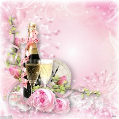 a pink background with roses and a bottle of champagne