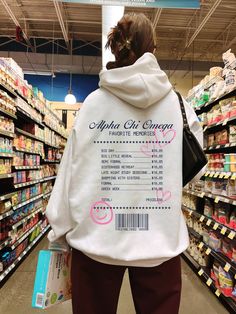 Soft, cute, and trendy, this Alpha Chi Omega hoodie will quickly become your go-to cozy sweatshirt! Use the drop down to specify preference between white, ash, sand, light blue, carolina blue, or light pink. This design features a list of memories for your sorority, including bid day, big little reveal, and more! This sweatshirt also includes sorority established year, with all writing printed with a dark navy blue color featuring pink hearts.  LISTING IS FOR ALPHA CHI OMEGA. Please be sure you are ordering for your correct Sorority.  We print on high quality, soft, & heavyweight materials, sustainably made and printed in the US. ♥ SIZING ♥ Unisex Sizing- For a more feminine, fitted look we recommend getting your size. For a more oversized look, we recommend sizing up. ♥ SHIP TIME ♥ Items Typography Hoodie Design, Hoodie Branding Ideas, Graphic Design For Hoodies, Unique Hoodies Design, White Hoodie Aesthetic, Cool Hoodie Designs, White Hoodie Design, Hoodie Back Design, Sweat Aesthetic