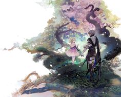 two anime characters standing in front of a tree