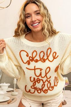 This adorable sweater is just in time for fall. It's perfect for all your fall festivities! Material composition: 100% acrylic Care instructions: Machine wash cold. Tumble dry low. Measurements: S:Bust 37.40 in, Top Length 24.02 in, Sleeve Length 19.29 in M:Bust 39.37 in, Top Length 24.41 in, Sleeve Length 19.69 in L:Bust 41.34 in, Top Length 24.80 in, Sleeve Length 20.08 in XL:Bust 44.09 in, Top Length 25.20 in, Sleeve Length 20.47 in2 Gobble Til You Wobble, Luxury Pajamas, Suede Hat, Bohemian Accessories, 7 Chakras, Fall Festival, Bracelet Collection, Bohemian Clothes, Gemstone Healing