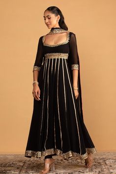 Black anarkali with gota work embroidery and cut out back detailing. Paired with coordianting churidaar and dupatta. - Aza Fashions Black Anarkali, Embroidered Anarkali, Gota Work, Anarkali Kurta, Out Back, Kurta Designs, Set For Women, Anarkali, Aza Fashion