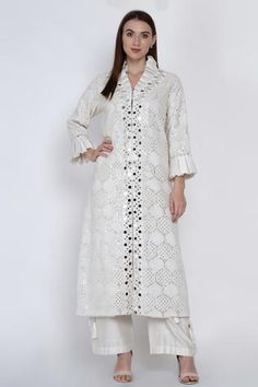 Shop for Twenty Nine White Georgette Lucknowi Mirror Embellished Jacket for Women Online at Aza Fashions Mirror Work Jacket, White Overlay, White Shirts Women, Embellished Jacket, Boutique Dress Designs, Work Jacket, Indian Fashion Designers, Kinds Of Clothes, Jacket For Women