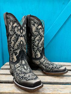 Exhibit your bold cowgirl style with Corral Women's Black Laser Embroidered & Studs Square Toe Cowgirl Boots, showcasing intricate embroidered detailing and studded accents. Authentic Cowgirl Style Cowhide Leather Vamp Pig Leather Lining Square Toe 12" Shaft Height Macocel 1.5" Cowboy Heel Leather Sole Goodyear Welt Construction Color: Black And Grey Hand Tooled Fitted Boots For Western-themed Events, Hand Tooled Fitted Boots For Rodeo, Western Style Embroidered Boots, Fitted Hand Tooled Boots For Rodeo, Embroidered Snip Toe Boots For Rodeo, Traditional Fitted Boots For Rodeo, Western Embroidered Boots For Rodeo, Western Embroidered Boots For Festivals, Western Style Embroidered Boots For Festival