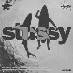 an advertisement for sussy featuring two surfers in the water