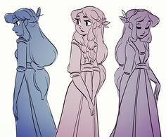 three princesses standing next to each other with their hair pulled back and wearing long dresses