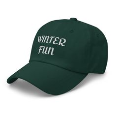 Dad hats aren't just for dads. Get your Winter Fun hat and get ready for some cold winter fun! 100% chino cotton twill Unstructured, 6-panel, low-profile with 6 embroidered eyelets 3 ⅛” (7.6 cm) crown and adjustable strap with antique buckle FREE SHIPPING! Please allow 7 -12 days for delivery. This product is made especially for you as soon as you place an order, which is why it takes us a bit longer to deliver it to you. Making products on demand instead of in bulk helps reduce overproduction, Winter Curved Brim Baseball Cap, Casual Winter Hats With Letter Print, Trendy Cotton Baseball Cap For Winter, Trendy Winter Outdoor Baseball Cap, Trendy Winter Cotton Baseball Cap, Winter Snapback Hat With Letter Print, Winter Cotton Snapback Hat, Adjustable Cotton Baseball Cap For Winter, Winter Outdoor Baseball Cap With Curved Bill