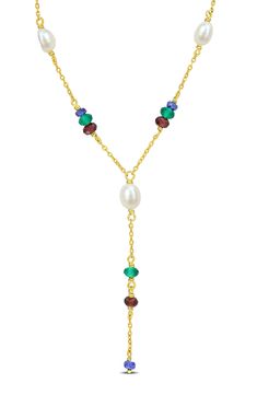 Crafted from durable 14-karat-gold plated sterling silver, this necklace can be worn as a singular or layered piece. 19" length Pearl size: 6–6.5mm Total stone weight: 3.5ct. Sterling silver with 14k-gold plate/sapphire/garnet/cultured freshwater pearl Imported Yellow Gold Single Strand Lariat Necklace As Gift, Gemstone Lariat Necklace, Basket Ideas, Gift Jewelry, Lariat Necklace, Pearl Size, Gold Plated Sterling Silver, Jewelry Ideas, Stone Beads