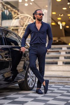 Slim Fit Lycra Long Sleeve Shirt - Navy Blue – MenStyleWith Navy Blue Dress Shirt Outfit Men, Navy Mens Outfit, Navy Blue Shirt Outfit, Mens Suits Style Modern, Blue Outfit Men, Long Sleeve Shirt Outfits, Navy Blue Outfit, Navy Blue Dress Shirt, Suits Style