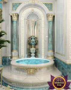 an ornate bathroom with a fountain in the center