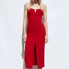 Zara Midi Dress With Pearl Straps Red Size Xl Bnwt Red Linen Midi Dress, Red Knee-length Midi Dress For Date Night, Red Midi Dress For Date Night, Knee-length, Chic Red Sheath Midi Dress, Chic Red Zara Midi Dress, Chic Red Midi Dress By Zara, Chic Red Knee-length Midi Dress, Chic Red Zara Dresses, Chic Red Dress By Zara