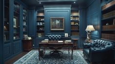 an office with blue walls and leather chairs in the corner, along with bookshelves