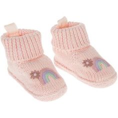 Size: Newborn Material: Fabric Color: Pink, Purple & Green Care & Safety: Eco-Friendly UPC: 889802258723 Quantity: 1 Pair Dress your little one in style with these adorable Rainbow Booties. These knitted pink booties are decorated with a cute rainbow and sun motif on top of the foot. Pair them with a sweet outfit and get your camera ready! Sun Motif, Pink Booties, Cute Rainbow, Frame Decor, Purple Green, Hobby Lobby, Fruit Of The Loom, Baby Accessories, Lobby