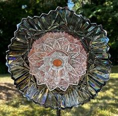 a glass plate sitting on top of a wooden stand in the grass with trees behind it