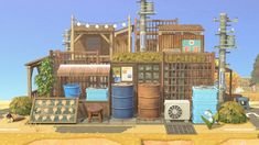 an animated image of a building with barrels and other items