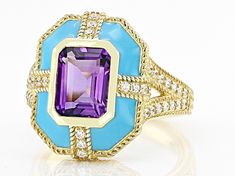 Judith Ripka Amethyst, Bella Luce® Diamond Simulant, and Enamel 14k Gold Clad Catalina Ring. Measures Approximately 0.73"L x 0.62"W. Not Sizeable. Judith Ripka, Diamond Simulant, Girls Best Friend, Cubic Zirconia, Amethyst, Ring, Gold, White