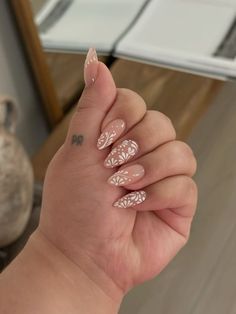 Nails nail inspo talavera almond nails summer nails medium nails white nails White Based Nail Designs, Short Talavera Nails, Mexican Styled Nails, Nail Inspo Mexican, Cielito Lindo Nails, Fall Mexican Nails, White Talavera Nails, Mexican Almond Nails, Nude Nails With Designs Art Ideas