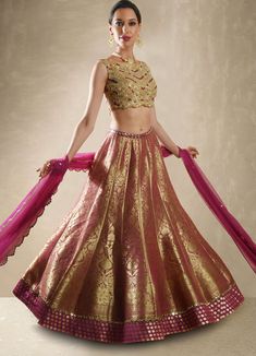 Wisteria Benarsi Brocade Lehenga Set Renee - Fabilicious Fashion Mirror Belt, Brocade Lehenga, Net Blouse, Net Skirt, Mirror Work Blouse, Scallop Border, Organza Lehenga, Net Blouses, Embellished Belt