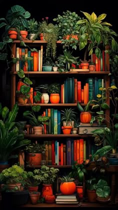 a shelf filled with lots of plants and books