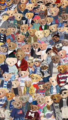 a bunch of teddy bears that are all over the place with different colors and sizes