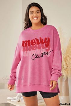 Olivia Mark - Pink Sequin Print Christmas Sweater with Cane Bow Knot Embellishments Mark Jersey, Split Sweatshirt, Pink Merry Christmas, Merry Christmas Graphic, Plus Size Sweatshirt, Holiday Graphic Tees, Sequined Sweatshirt, Christmas Tree Graphic, Holiday Hoodies