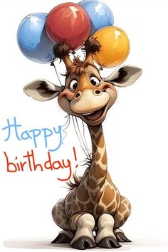 a giraffe with balloons on its head and the words happy birthday written below it