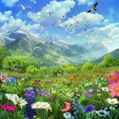 a field full of flowers and birds flying in the sky above it is a mountain range