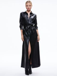 Chassidy Vegan Leather Maxi Shirt Dress In Black Pink Denim Skirt, Vegan Dressing, Leather Shirt Dress, Button Outfit, Maxi Shirts, Alice And Olivia, Maxi Shirt Dress, Sweaters And Leggings, Lace Maxi