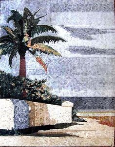 a mosaic with a palm tree on the beach and water in the backround