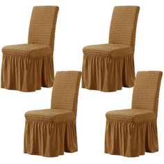 four brown chairs with pleated covers on them