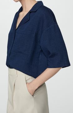 Elbow-length sleeves frame this lightweight cotton shirt cut in a modern boxy fit and topped with a sharp notched collar. Front button closure Notched collar Elbow-length sleeves Chest patch pocket 100% cotton Machine wash, line dry Imported Dark Blue Blouse, Blue Shirt Women, Night Blue, Cropped Shirt, Camp Shirt, Straight Fit Jeans, Elbow Sleeve, Camping Shirt, Sleeves (women)