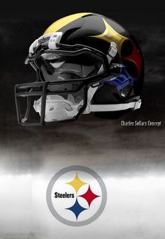 a football helmet with the pittsburgh steeles logo on it is shown in front of a black background