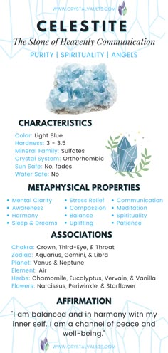 Learn more about Celestiste and its healing properties, meanings, benefits, meditation with Celestite, and more from certified crystal experts. Crystal Encyclopedia, Crystal Journal, Lapis Lazuli Meaning, Guide To Crystals, Crystal Ideas, Crystal Benefits, Green Witchcraft, Chakra Affirmations, Lapis Lazuli Crystal