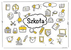 the word skota surrounded by doodles of different items and things on a white background