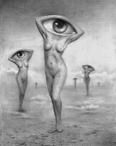 a drawing of two people standing in front of an eye