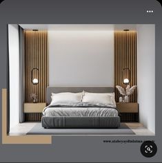 a bed sitting in the middle of a bedroom next to a wall mounted light fixture