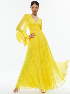 Selene Deep V Neck Pleated Maxi Dress In Happy Yellow | Alice + Olivia Spring Party Maxi Dress With Gathered Sleeves, Billowy Ruched Maxi Dress For Spring, Spring Billowy Ruched Maxi Dress, Spring Evening Maxi Dress With Smocked Bodice, Evening V-neck Dress With Smocked Bodice, Ruched V-neck Maxi Dress For Spring, V-neck Chiffon Dress With Smocked Bodice, Billowy V-neck Spring Dress, Spring Flowy Maxi Dress With Elastic Sleeves