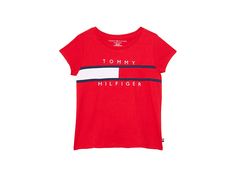 Tommy Hilfiger Kids Pieced Flag Tee (Big Kids) - Girl's T Shirt : Regal Red : Have her keep a casual approach to her day in the Tommy Hilfiger Kids Pieced Flag Tee featuring a classic short sleeve crew neck tee boasting branding graphics center chest. Available in three color options. 60% cotton, 40% polyester. Machine wash, tumble dry. Imported. Measurements: Length: 19 1 2 in Product measurements were taken using size Medium (8-10 Big Kids). Please note that measurements may vary by size. Tommy Hilfiger Graphic Tee, Affordable Tommy Hilfiger T-shirt With Letter Print, Tommy Hilfiger Graphic Tee Short Sleeve T-shirt, Tommy Hilfiger Cotton T-shirt With Letter Print, Affordable Tommy Hilfiger Logo Print T-shirt, Tommy Hilfiger Graphic Print Crew Neck T-shirt, Tommy Hilfiger Kids, Crew Neck Tee, Big Kids