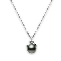 From Mikimoto, this single pearl necklace is part of the Twist collection. A swirl of 18K white gold dangles a gorgeous black South Sea pearl from a diamond-encrusted bail, and it floats along an 18K white gold link necklace measuring 18" in length. This small touch of Mikimoto luxury makes a elegant statement. Elegant Tahitian Pearl Jewelry For Anniversary, Black Sterling Silver Pearl Earrings For Formal Occasions, Elegant Pearl Charm Pendant Earrings, Elegant Pendant Earrings With Pearl Charm, Elegant Earrings With Pearl Pendant, Elegant Black Jewelry With Pearl Charm, Elegant Black Round Pearl Earrings, Elegant Black Pearl Drop Earrings, Formal Black Jewelry With Pearl Charm