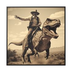 a man riding on the back of a dinosaur