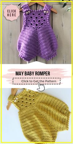 crocheted baby romper is shown with the text, may baby romper click to get the pattern