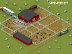 an aerial view of a farm with horses, hay bales and a red barn