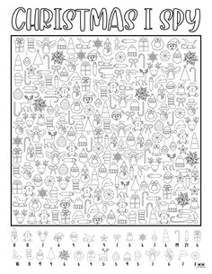 christmas i spy coloring page for adults and children with black and white images on it